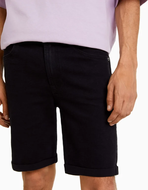 BERSHKA Bermudas*Bermuda denim skinny retroussé Bleu