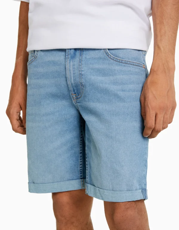 BERSHKA Bermudas*Bermuda denim skinny retroussé Bleu