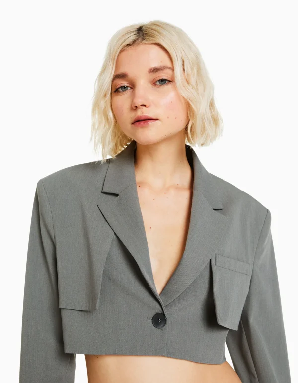 BERSHKA Vestes*Blazer tailoring cropped Gris