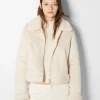 BERSHKA Vestes*Blouson biker cropped double face suédine Blanc cassé