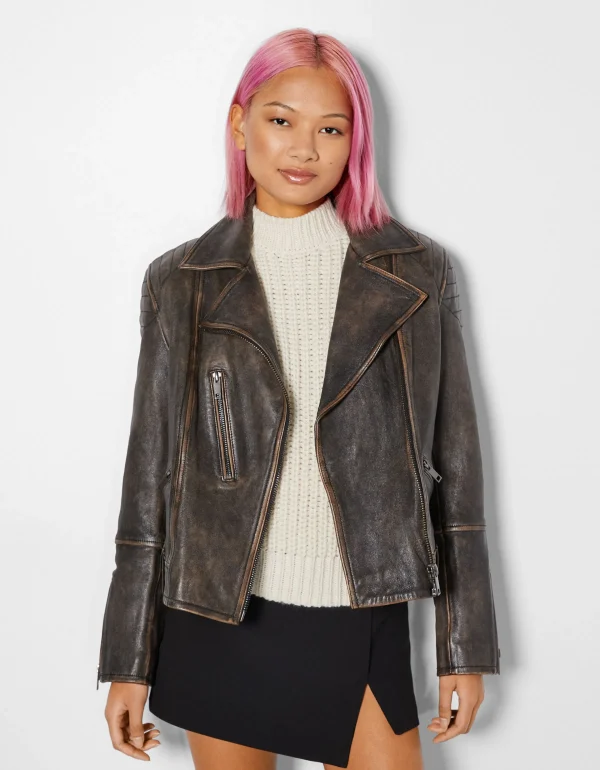 BERSHKA Vestes*Blouson biker cuir effet usé Noir