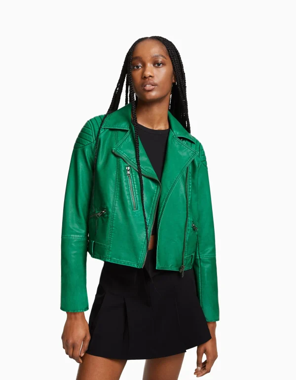 BERSHKA Vestes*Blouson biker similicuir Vert