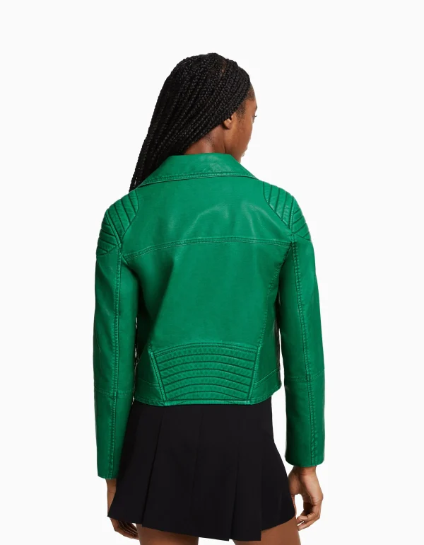 BERSHKA Vestes*Blouson biker similicuir Vert