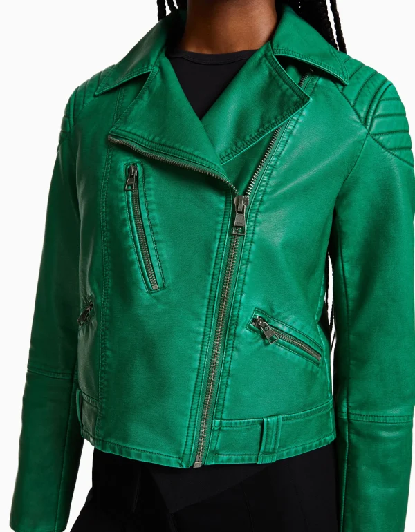 BERSHKA Vestes*Blouson biker similicuir Vert