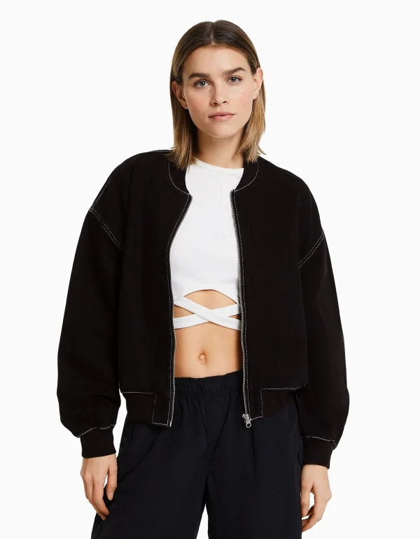 BERSHKA Vestes*Blouson bomber denim fil contraste Blanc cassé