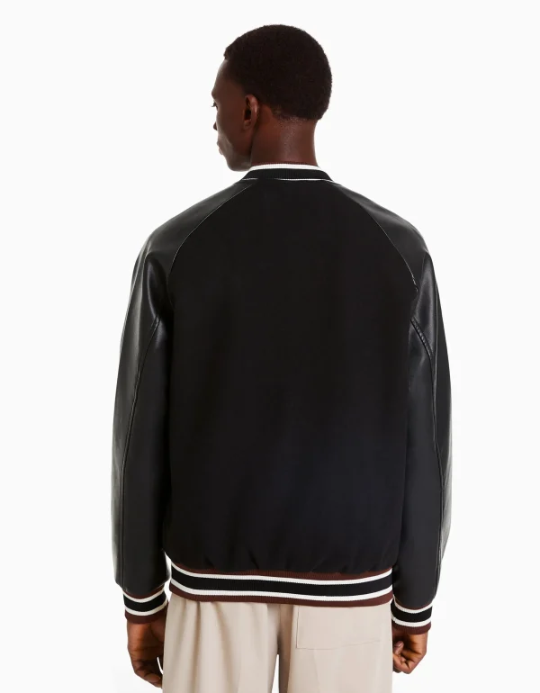 BERSHKA Blousons et manteaux*Blouson bomber mélange de laine similicuir Noir