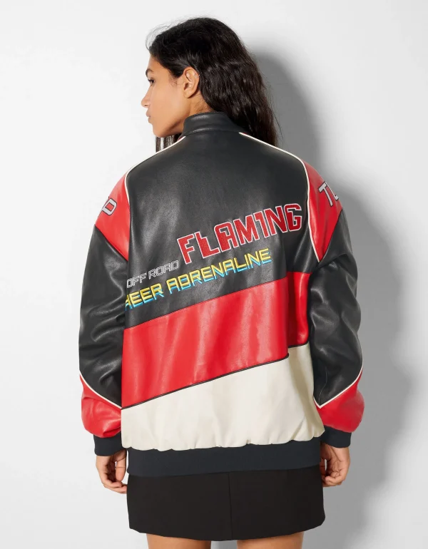 BERSHKA Vestes*Blouson bomber similicuir racing Rouge