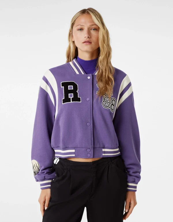 BERSHKA Vestes*Blouson cropped varsity Violet