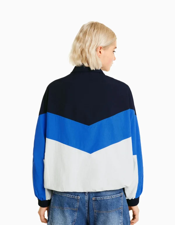 BERSHKA Vêtements*Blouson oversize effet nylon color block Bleu