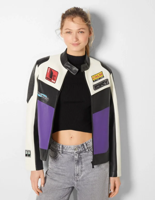 BERSHKA Vestes*Blouson racing similicuir Violet