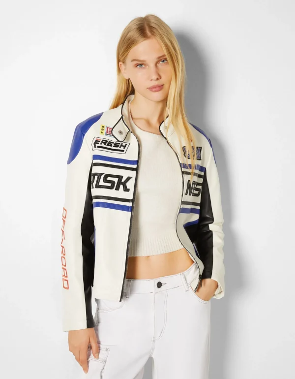 BERSHKA Vestes*Blouson racing similicuir Bleu