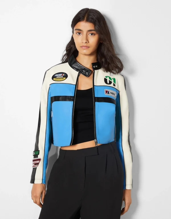 BERSHKA Vestes*Blouson racing similicuir Bleu