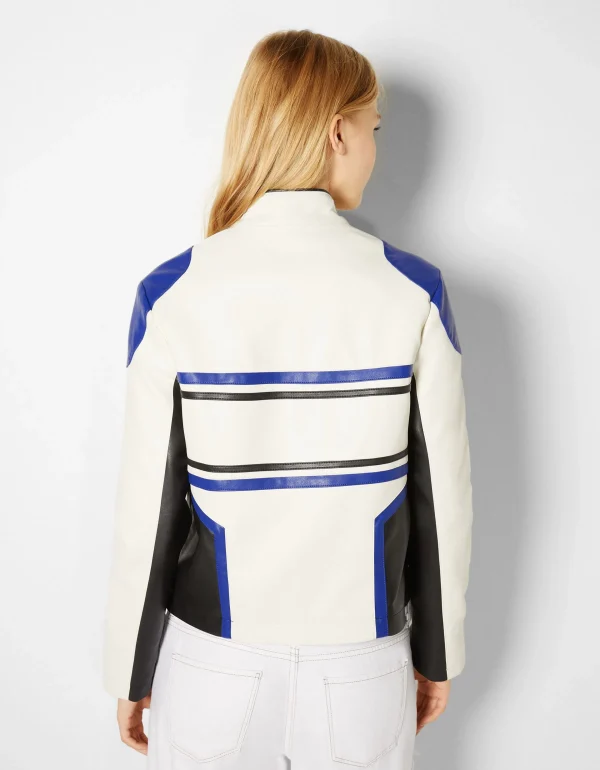 BERSHKA Vestes*Blouson racing similicuir Bleu