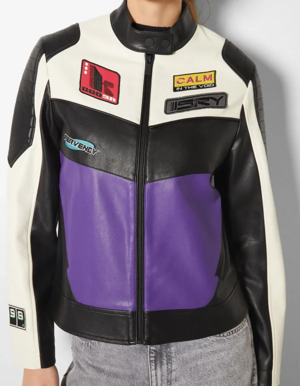 BERSHKA Vestes*Blouson racing similicuir Violet