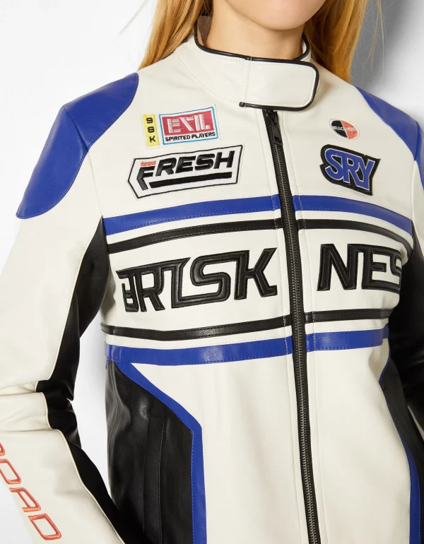 BERSHKA Vestes*Blouson racing similicuir Bleu