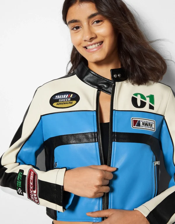 BERSHKA Vestes*Blouson racing similicuir Bleu