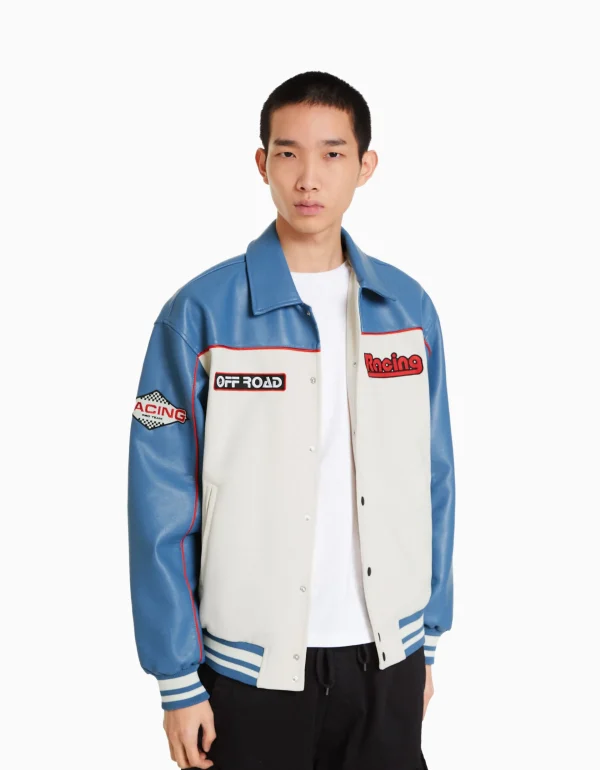 BERSHKA Blousons et manteaux*Blouson racing suédine et similicuir Bleu