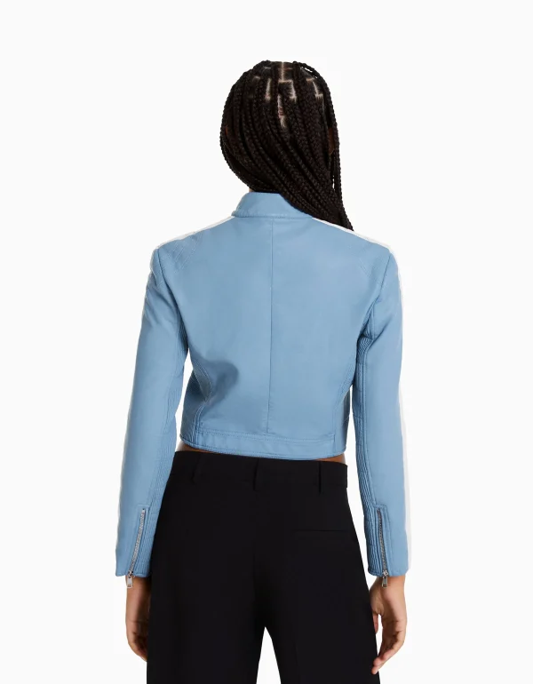 BERSHKA Similicuir*Blouson similicuir effet usé bande latérale Bleu clair