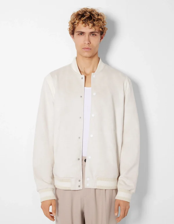 BERSHKA Basiques*Blouson suédine et similicuir Écru