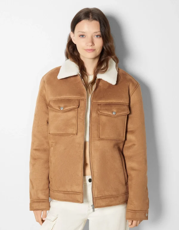 BERSHKA Vestes*Blouson trucker suédine doublure Camel