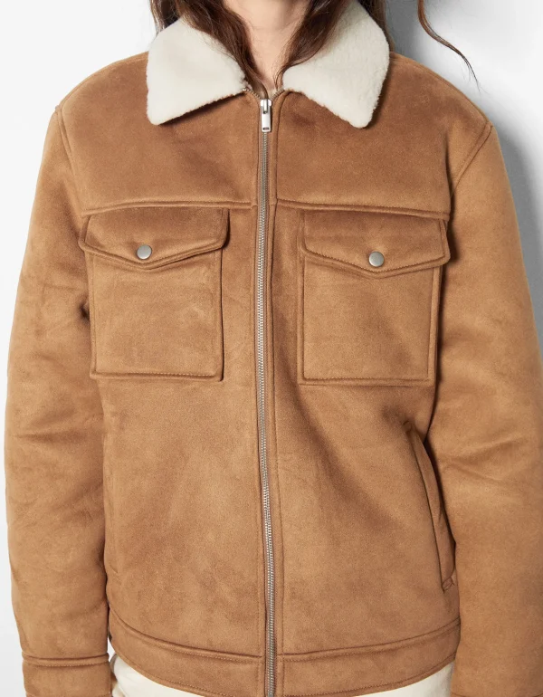 BERSHKA Vestes*Blouson trucker suédine doublure Camel