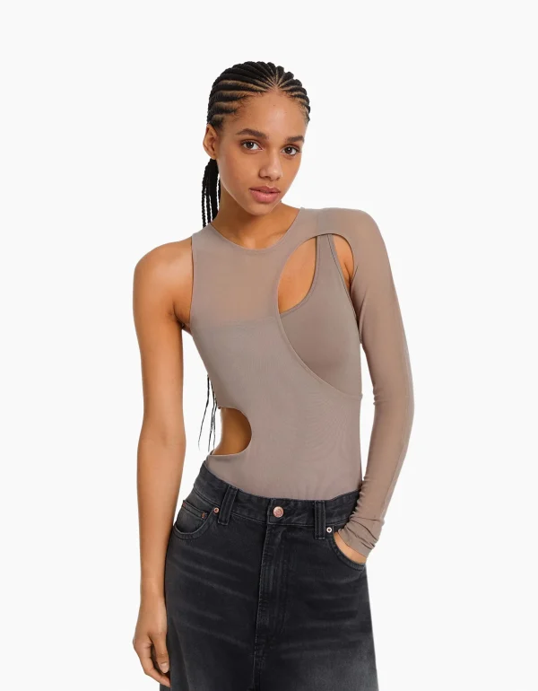 BERSHKA Bodys*Body manches longues asymétrique tulle Gris