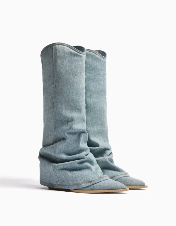 BERSHKA Chaussures*Bottes cowboy denim talon Bleu lavé