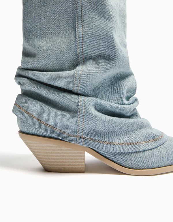 BERSHKA Chaussures*Bottes cowboy denim talon Bleu lavé