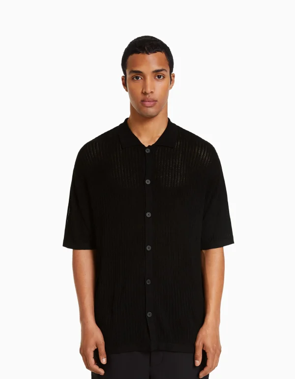 BERSHKA Chemises*Chemise manches courtes basique ajourée Noir