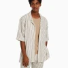 BERSHKA Chemises*Chemise manches courtes rustique rayures Blanc / Noir