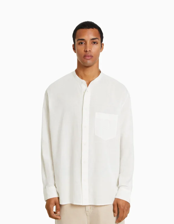 BERSHKA Chemises*Chemise manches longues lin Blanc