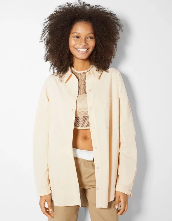 BERSHKA Chemises et blouses*Chemise manches longues overzise popeline Beige