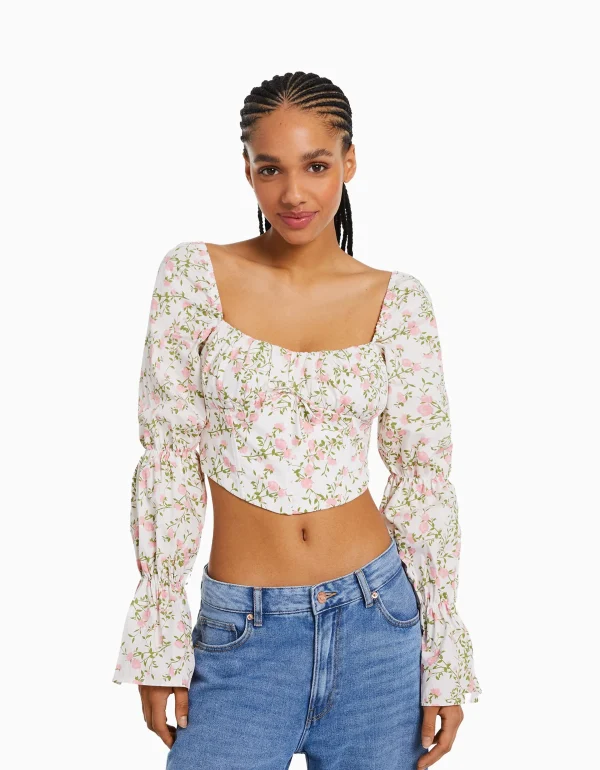 BERSHKA Chemises et blouses*Chemisier corset cropped manches longues Multicouleur