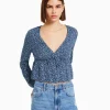 BERSHKA Chemises et blouses*Chemisier manches longues imprimé fleurs nœud Marine