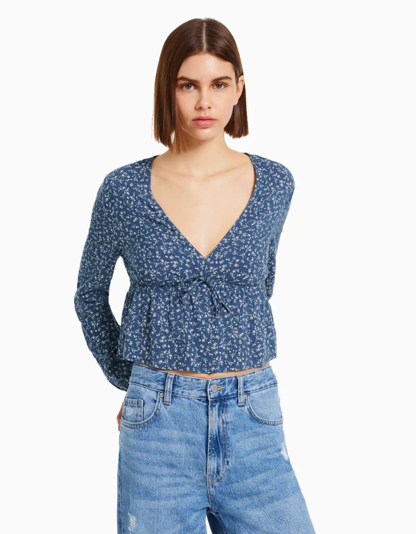 BERSHKA Chemises et blouses*Chemisier manches longues imprimé fleurs nœud Marine