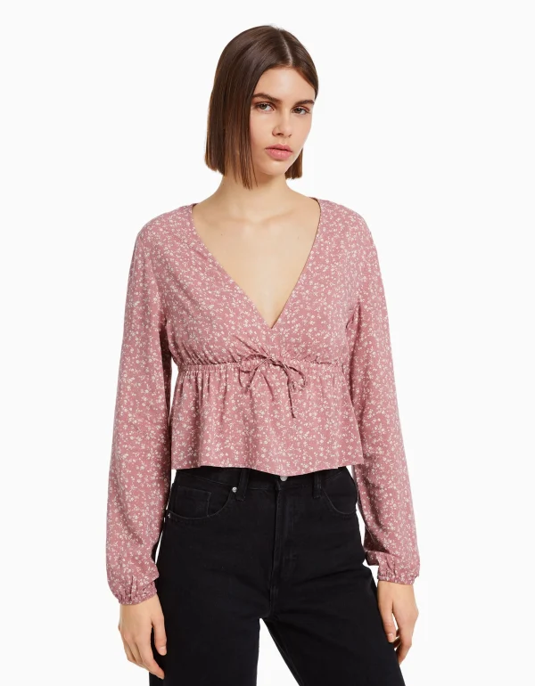 BERSHKA Chemises et blouses*Chemisier manches longues imprimé fleurs nœud Marine