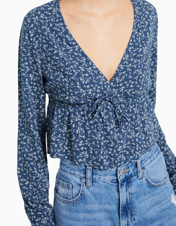 BERSHKA Chemises et blouses*Chemisier manches longues imprimé fleurs nœud Marine