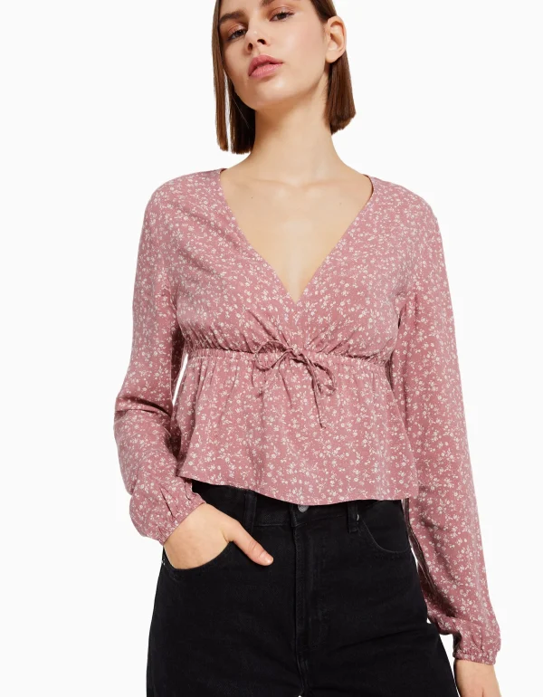 BERSHKA Chemises et blouses*Chemisier manches longues imprimé fleurs nœud Marine