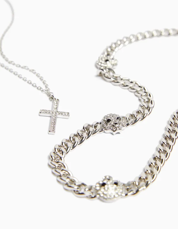 BERSHKA Tout voir*Collier tête de mort croix Argent