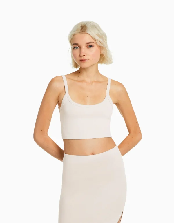 BERSHKA Personnalisables*Crop top bretelles larges Sable