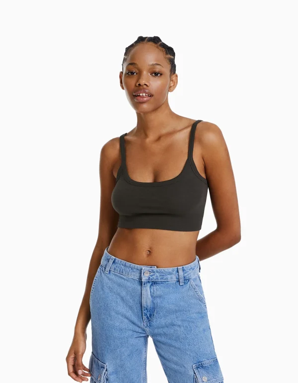 BERSHKA Survêtement*Crop top bretelles larges Gris