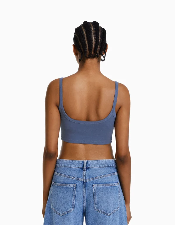 BERSHKA Tops et corsets*Crop top bretelles larges Bleu lavé