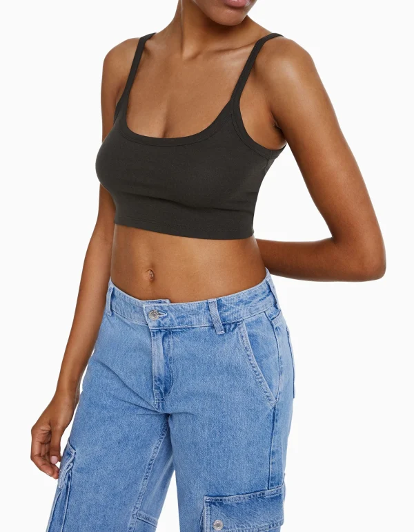 BERSHKA Survêtement*Crop top bretelles larges Gris