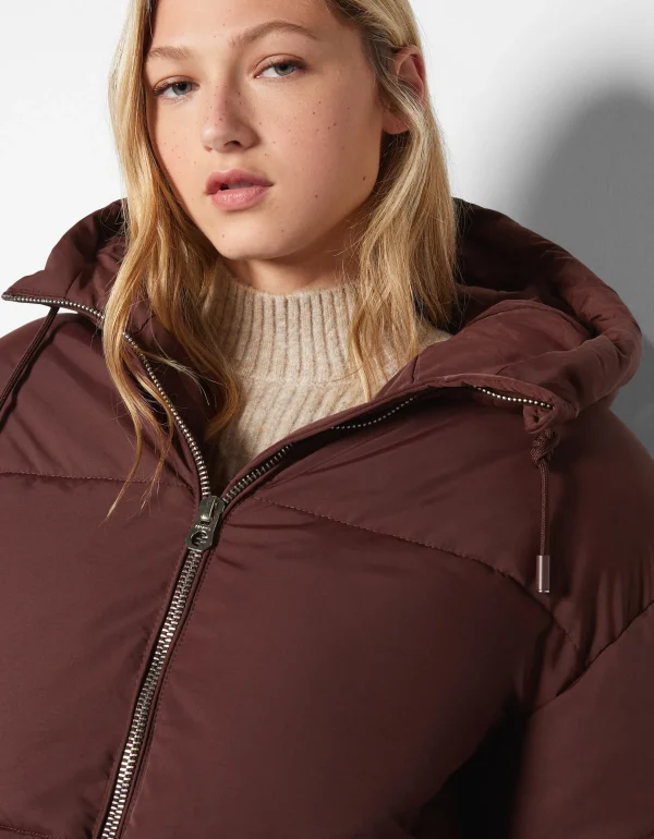 BERSHKA Vestes*Doudoune capuche oversize Marron