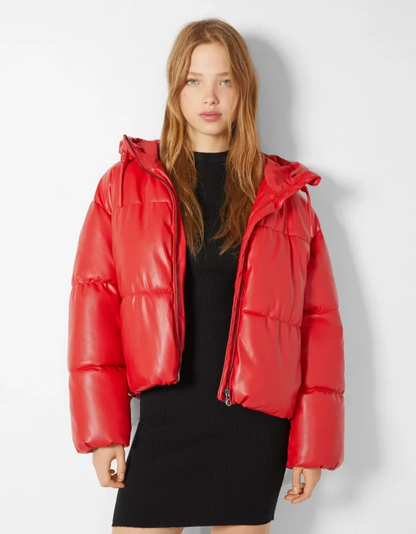 BERSHKA Vestes*Doudoune capuche similicuir Rouge