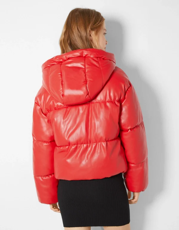 BERSHKA Vestes*Doudoune capuche similicuir Rouge