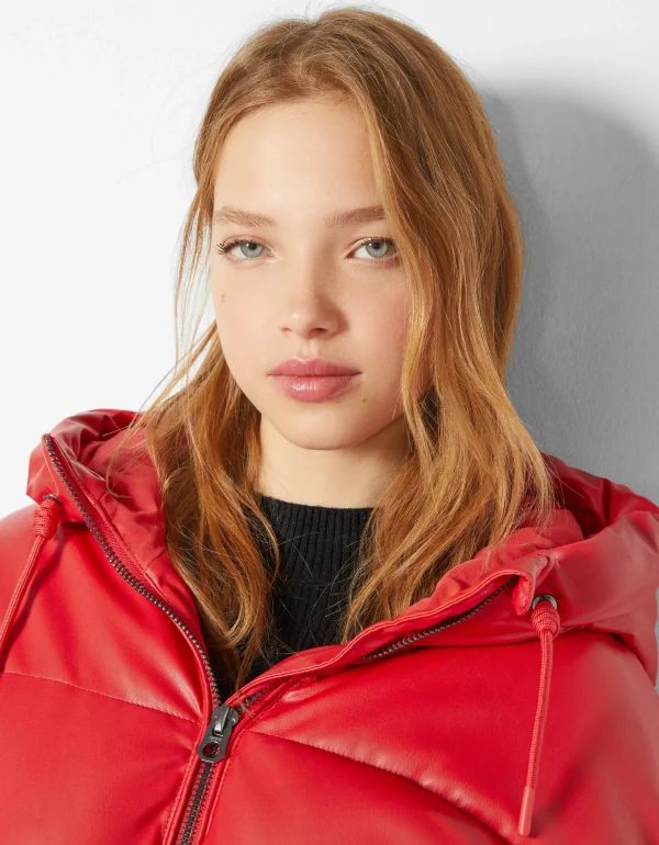 BERSHKA Vestes*Doudoune capuche similicuir Rouge