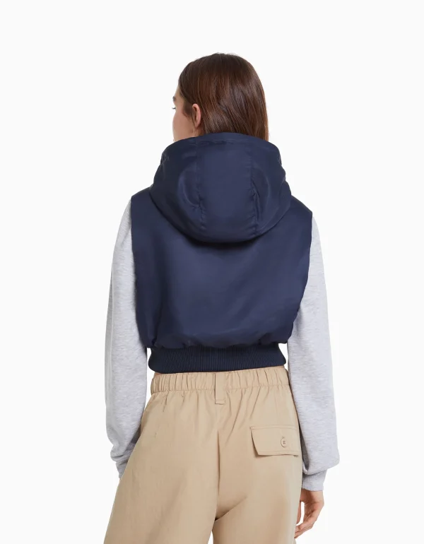 BERSHKA Vestes*Gilet bomber cropped sans manches capuche Marine