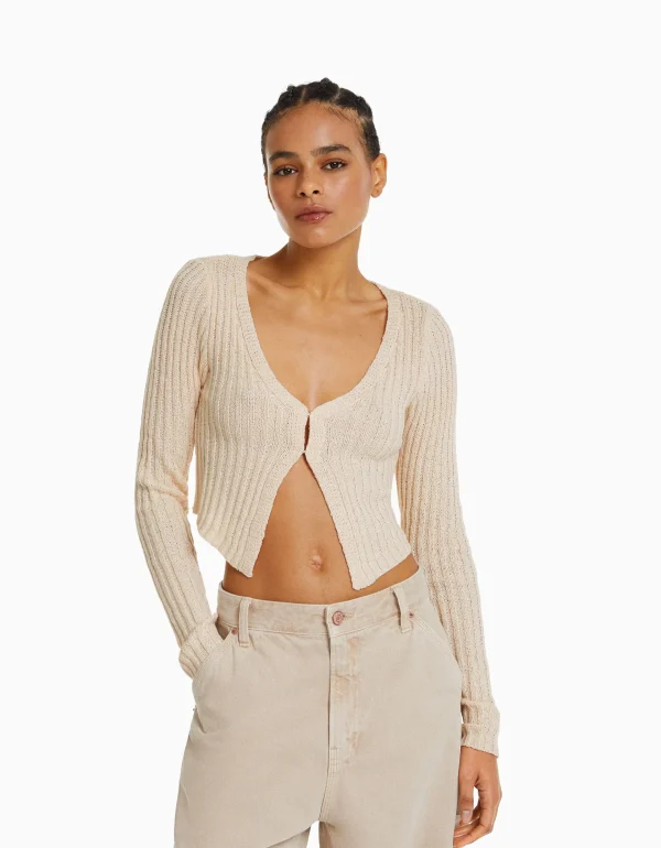 BERSHKA Vêtements*Gilet cropped rustique Écru