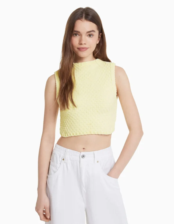 BERSHKA Tops et corsets*Gilet maille chenille Jaune